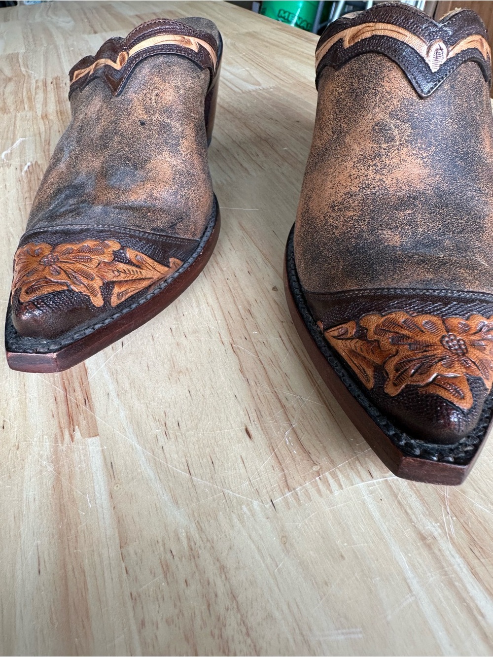 Old Gringo Distressed Brown & Tan Pointed Toe Leather Mules - Picture 2 of 5